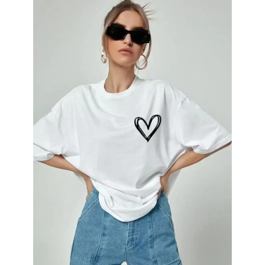 Bisiklet Yaka Baskılı Oversize T-Shirt - Beyaz