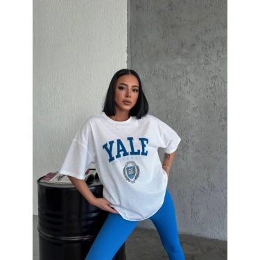 Bisiklet Yaka Baskılı Oversize T-Shirt - Beyaz