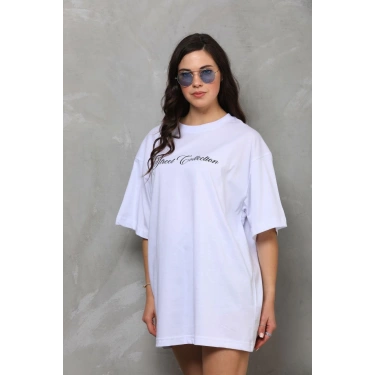 Bisiklet Yaka Baskılı Oversize T-Shirt - Beyaz