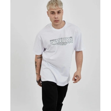 Bisiklet Yaka Baskılı Oversize T-Shirt - Beyaz