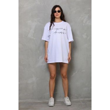Bisiklet Yaka Baskılı Oversize T-Shirt - Beyaz