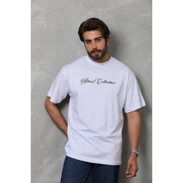 Bisiklet Yaka Baskılı Oversize T-Shirt - Beyaz