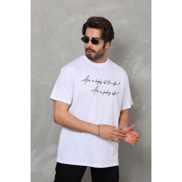 Bisiklet Yaka Baskılı Oversize T-Shirt - Beyaz