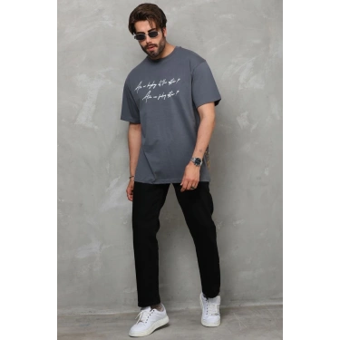 Bisiklet Yaka Baskılı Oversize T-Shirt - Füme