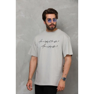 Bisiklet Yaka Baskılı Oversize T-Shirt - Gri