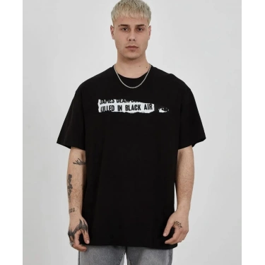 Bisiklet Yaka Baskılı Oversize T-Shirt - Siyah