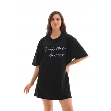 Bisiklet Yaka Baskılı Oversize T-Shirt - Siyah