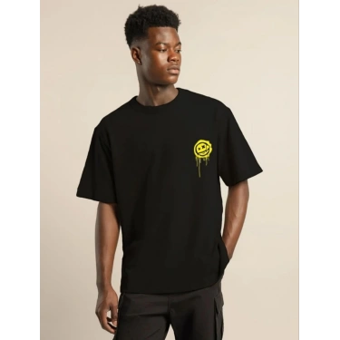 Bisiklet Yaka Baskılı Oversize T-Shirt - Siyah -
