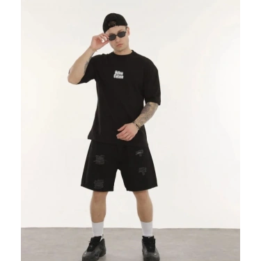 Bisiklet Yaka Baskılı Oversize T-Shirt - Siyah