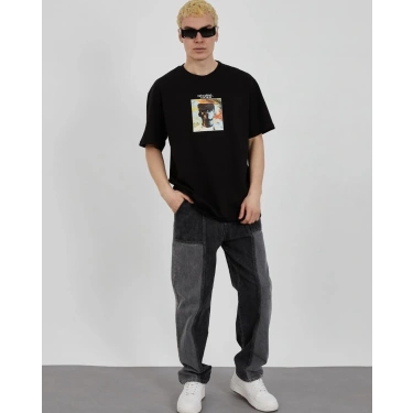 Bisiklet Yaka Baskılı Oversize T-Shirt - Siyah