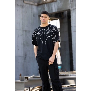 Bisiklet Yaka Baskılı Oversize T-Shirt - Siyah