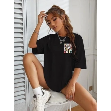 Bisiklet Yaka Baskılı T-shirt - Siyah