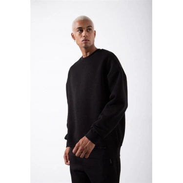 Biskilet Yaka Üç İplik SweatShirt - Siyah -