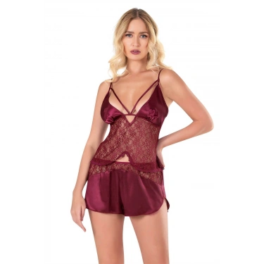 Bordo Saten Babydoll Şort Takımı