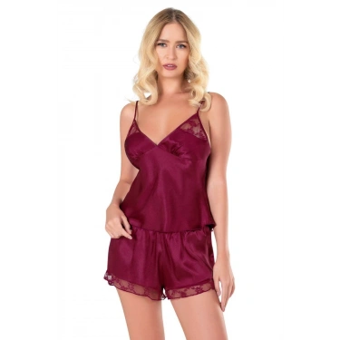 Bordo Saten Babydoll Şort Takımı