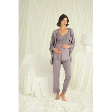 Dantelli Hamile Lohusa 3lü Pijama Takımı
