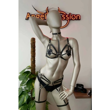 Deri Jartiyer Siyah Harness Takım - 451