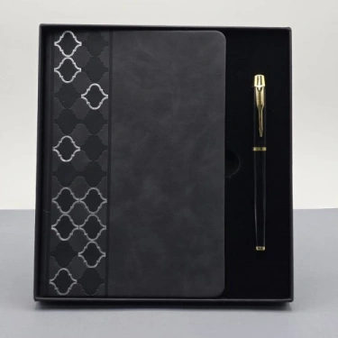 Desenli Siyah Deri Defter Kalem Set