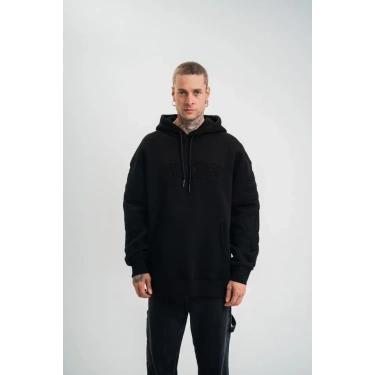 Double Oversize Kapşonlu Nakışlı SweatShirt - Siyah