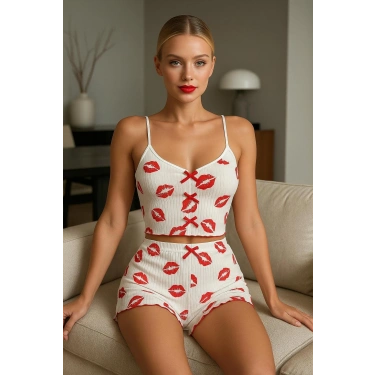 Dudak Desenli Şortlu Pijama Takımı