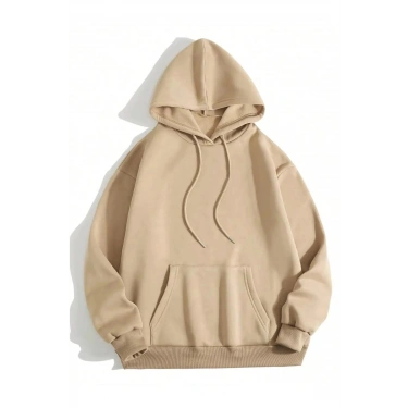 Düz Kapüşonlu Sweat - Bej -