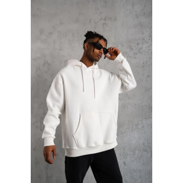 Düz Kapüşonlu Sweat - Beyaz -