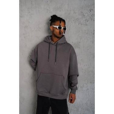 Düz Kapüşonlu Sweat - Gri -