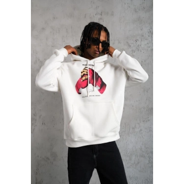 Eldiven Baskılı Kapüşonlu Sweat - Beyaz -