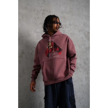 Eldiven Baskılı Kapüşonlu Sweat - Gül Kurusu