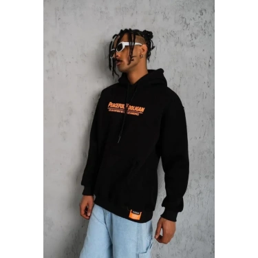 Erkek Armalı Baskılı Kapüşonlu Sweatshirt - Siyah