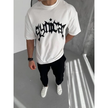 Erkek Baskılı Bisiklet Yaka T-Shirt - Beyaz