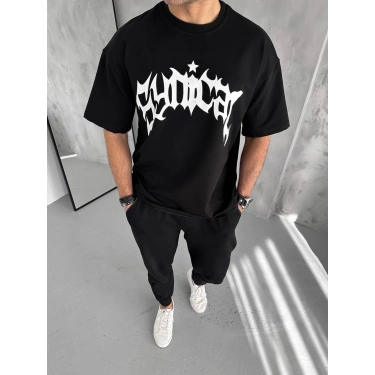 Erkek Baskılı Bisiklet Yaka T-Shirt - Siyah