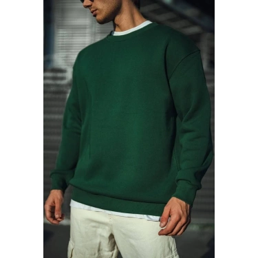 Erkek Bisiklet Yaka 3 İplik Pamuklu Basic SweatShirt - Haki