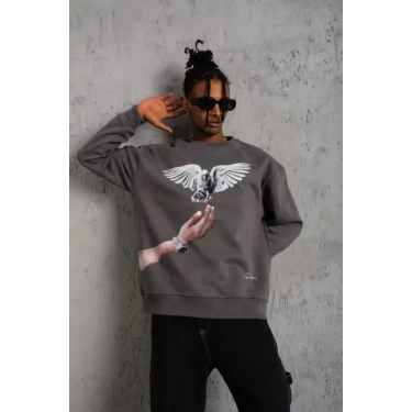 Erkek Güvercin Baskılı Sweatshirt - Gri