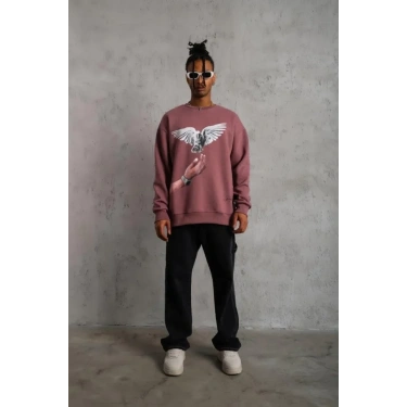 Erkek Güvercin Baskılı Sweatshirt - Gül Kurusu