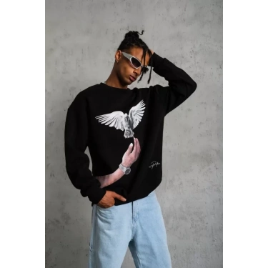 Erkek Güvercin Baskılı Sweatshirt - Siyah