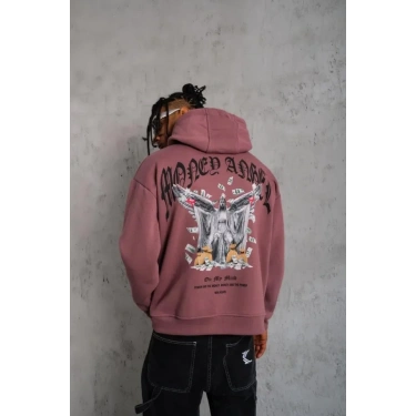 Erkek Kordon İpli Baskılı Kapüşonlu Sweatshirt - Gül Kurusu