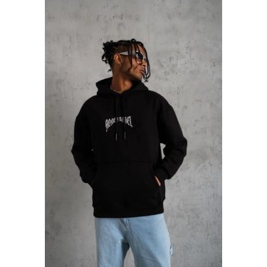 Erkek Kordon İpli Baskılı Kapüşonlu Sweatshirt - Siyah
