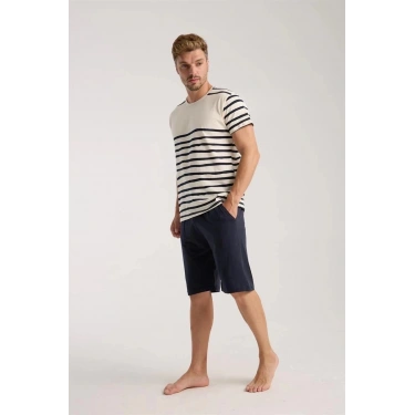 Erkek Krem Sıfır Yaka Kısa Kol Şortlu Pijama Takımı