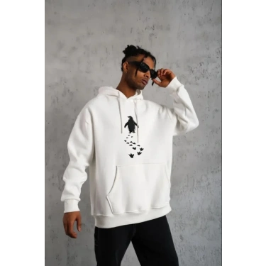 Erkek Nihilist Penguen Temalı Oversize Kapüşonlu Sweatshirt - Beyaz
