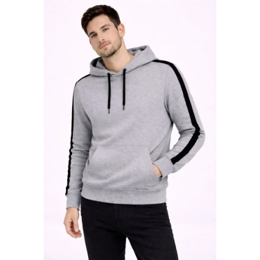 Erkek Şeritli Kapüşonlu Sweatshirt Oversize 3 Iplik Pamuklu - Gri