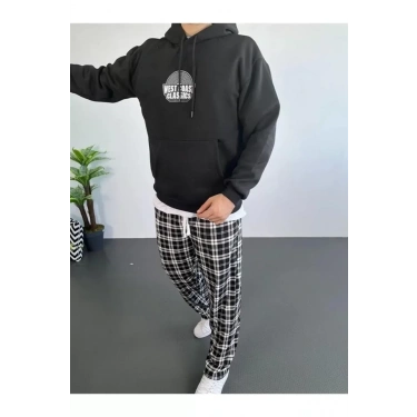 Erkek Sırt Baskılı Kapüşonlu Üç İplik Oversize Sweatshirt - Siyah