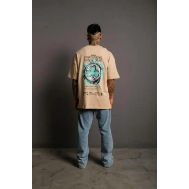 Erkek Sırt Baskılı T-shirt - Bej