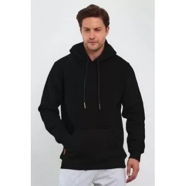Erkek Uzun Kol Kapşonlu Basic Sweatshirt Hoodie - Siyah