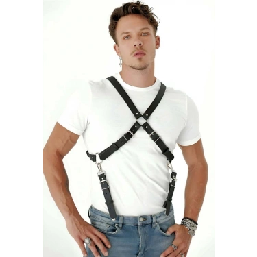 Göğüs Detaylı Arkadan Bağlamalı Erkek  Deri Harness - m84