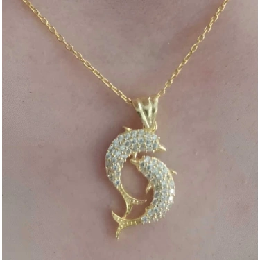Gümüş Gold Çift Yunus Balığı Kadın Kolye