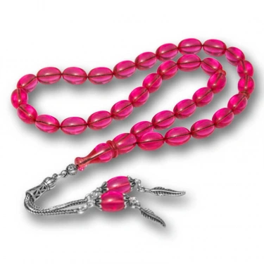 Gümüş Püsküllü Pembe Ateş Kehribar Tesbih