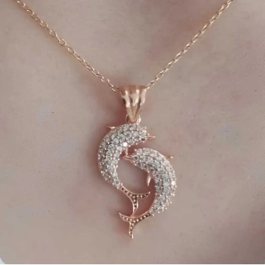 Gümüş Rose Çift Yunus Balığı Kadın Kolye