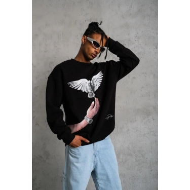 Güvercin Baskılı Sweatshirt - Siyah -