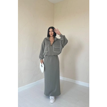 Haki Biyeli Sweatshirt Ve Etek Takım